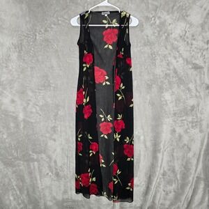 Evolution Red Rose Floral Maxi Vest Black Sheer Sleeveless‎ Small Made USA